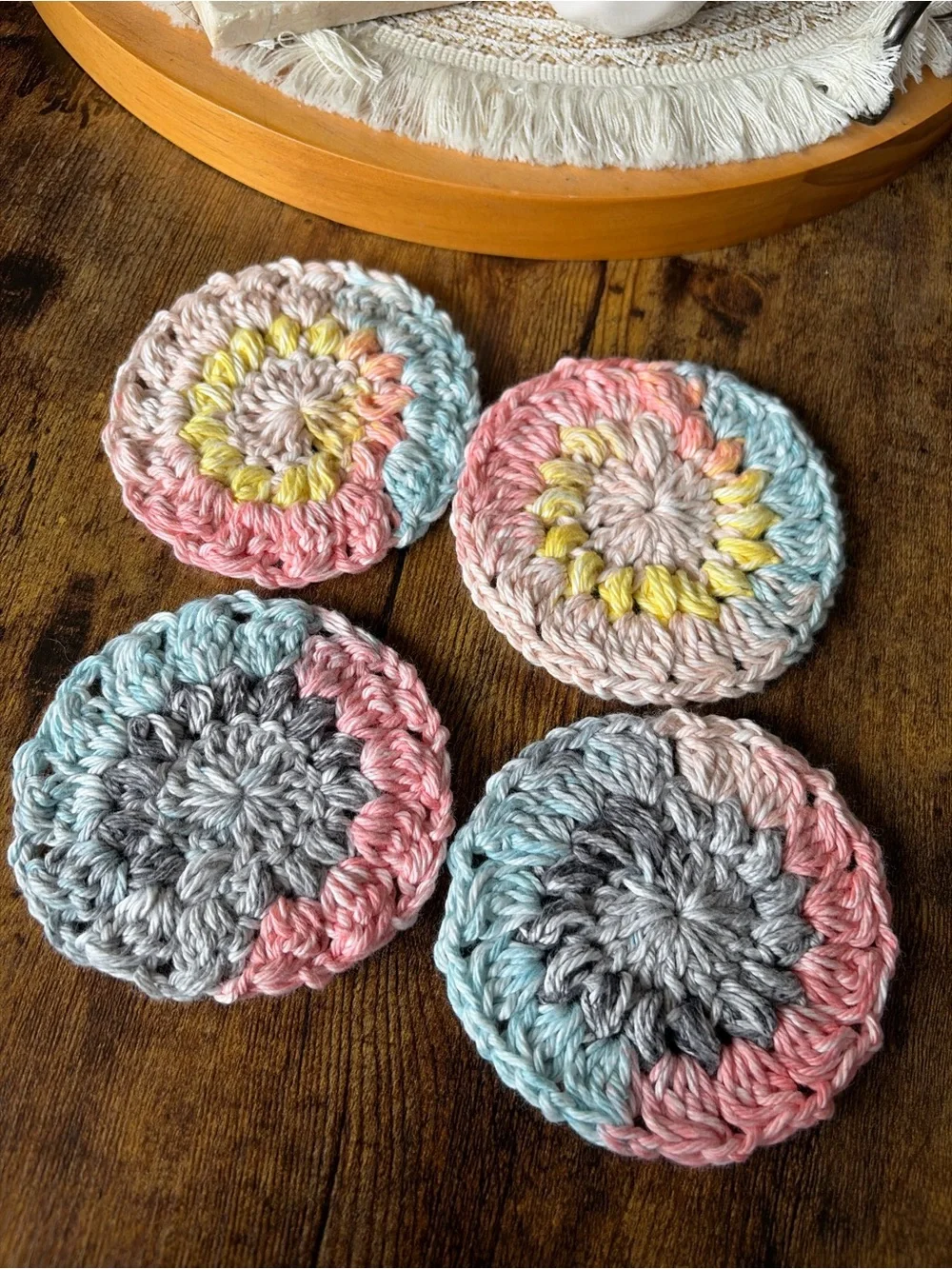 Hand Crafted Pastel Crochet Round Coasters in Pink, Blue, Gray, Cream